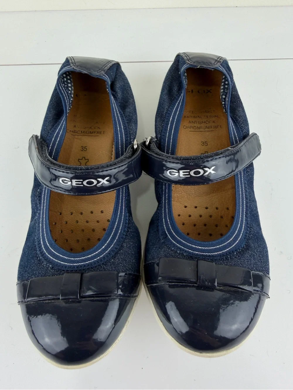 Geox Girls Navy Denim Patent Leather Bow Mary Jane Shoes EU 35 / US 3